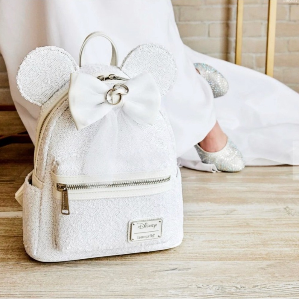 Loungefly White Sequin Minnie Ear Bow Mini Backpack